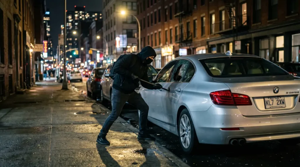A man stealing a car in the city