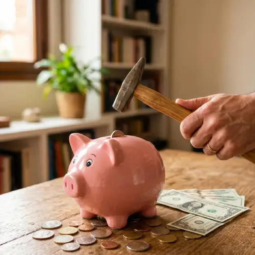 A piggy bank and a hand holding a hammer