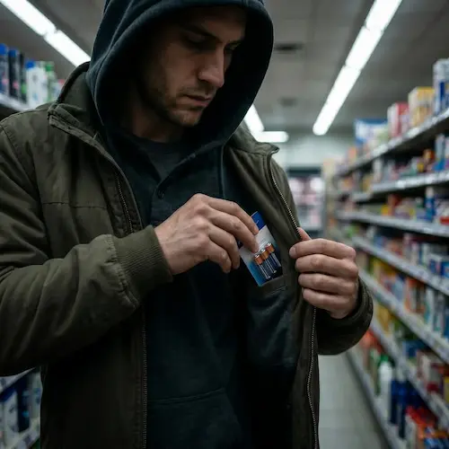 a man stealing in the store (petty theft example)