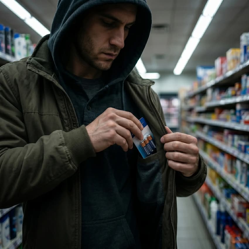 a man stealing in the store (petty theft example)