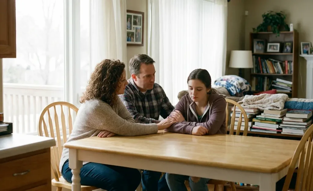 A concerned but supportive mother and father are seated at a kitchen table earnestly speaking with their teenage daughter