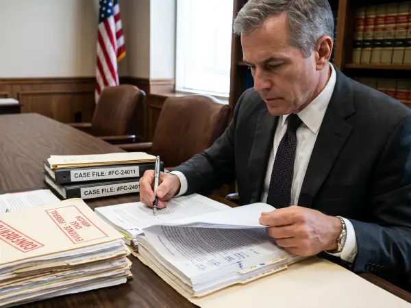 a federal crime defense attorney reviewing case documents