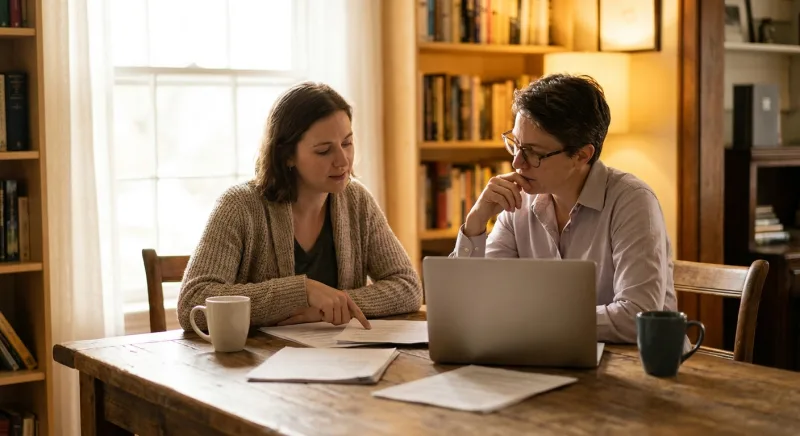 Woman reviewing documents with a defense attorney at a wooden table