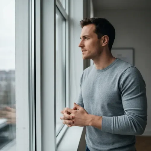 a calm man watching out of a windows afeter hiring a petty theft attorney in tri-cities