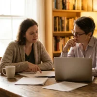 Woman reviewing documents with a defense attorney at a wooden table